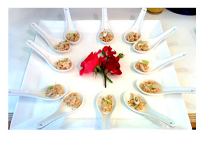 Bang bang chicken served in a ceramic spoon